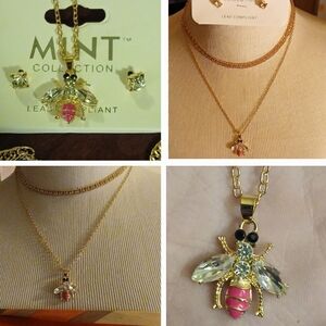 Gold Bejeweled Bee Necklace & Matching Crystal Stud Earrings Fashion Jewelry Set